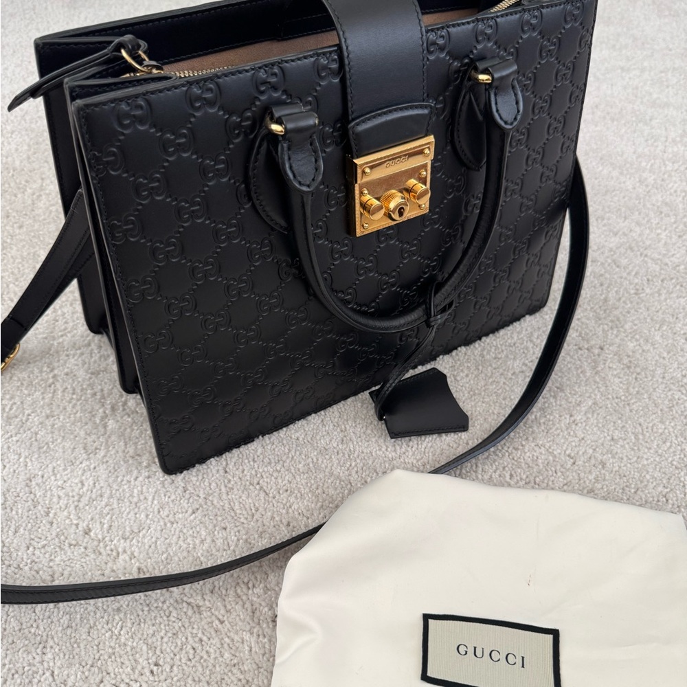 Gucci Black Embossed Leather Satchel with Gold Hardware